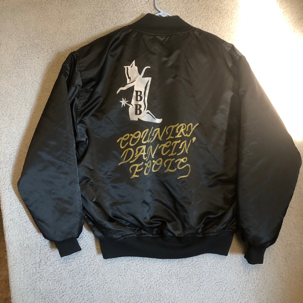 Vtg Game Sportswear Country Dancin Fools Satin Bomber Jacket Black USA Large